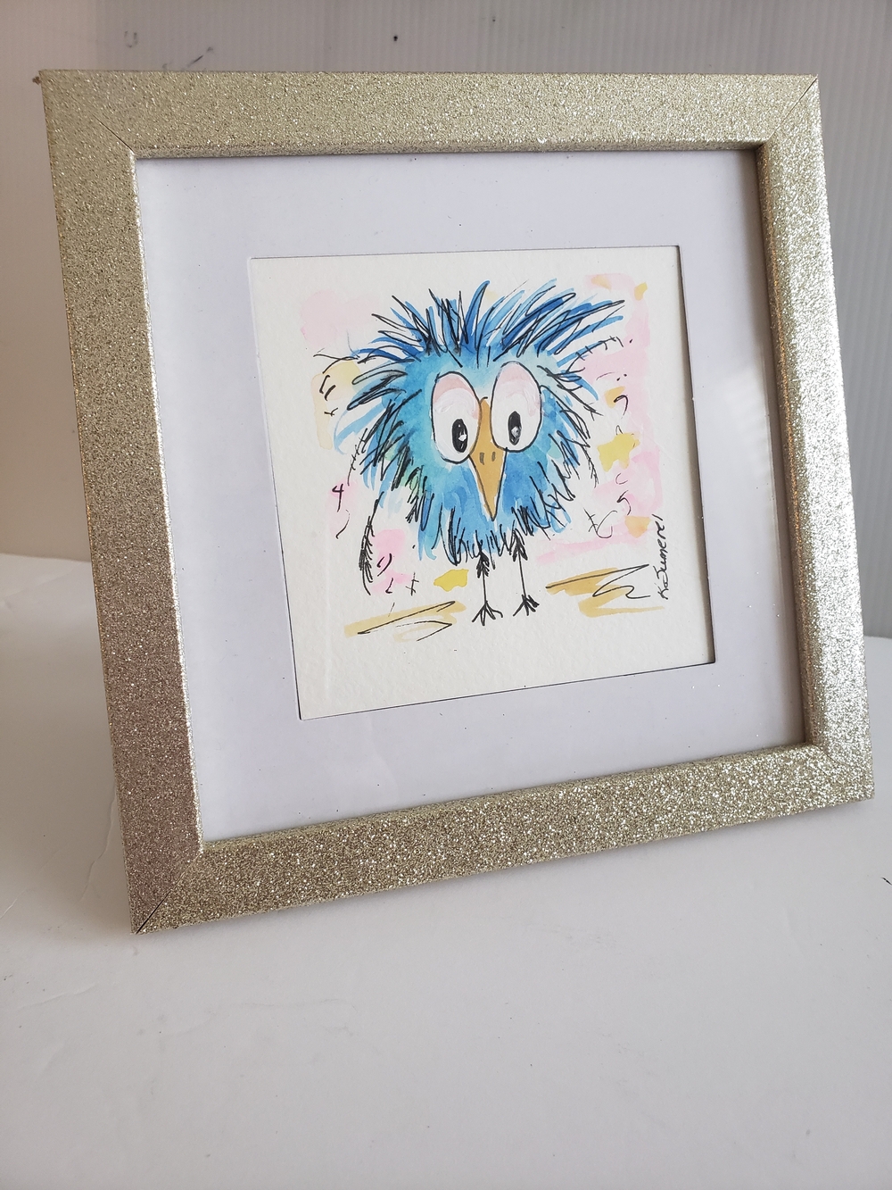 Original Whimsical Blue Bird Framed Watercolor Painting